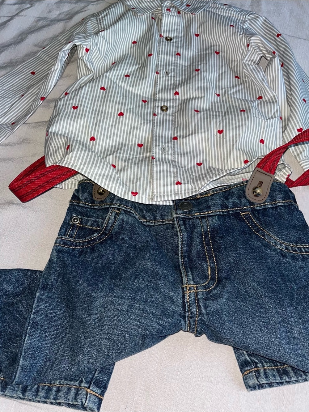 Carter's Striped Button Shirt with Red Hearts and Denim Pants Set